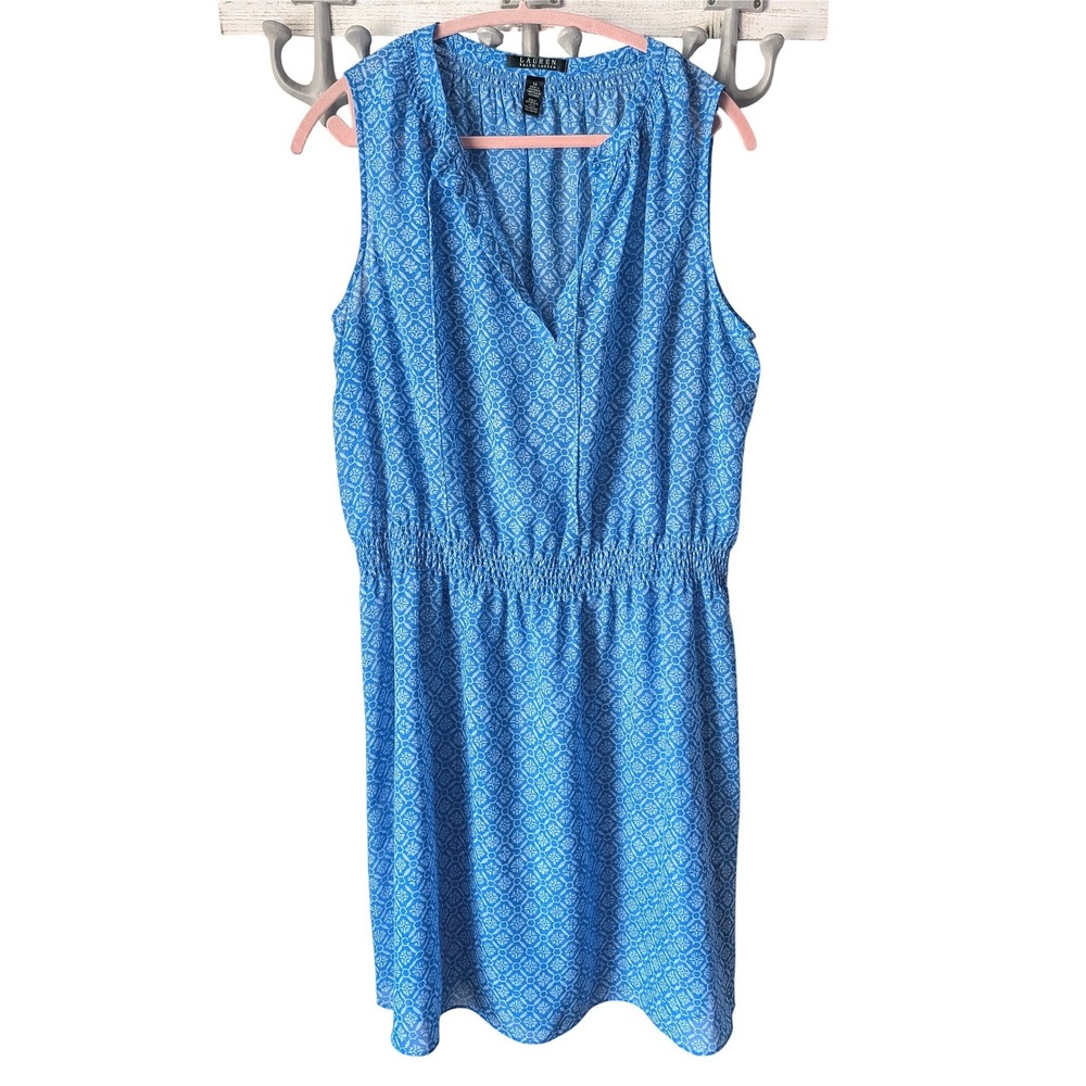 Lauren Ralph Lauren Dress Womens 14 Blue White Geometric Sleeveless Smocked